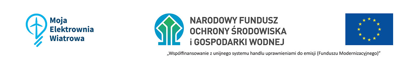 Stopka zawierająca 3 logotypy NFOŚIGW; Moja Elektrownia Wiatrowa; Unia Europejska