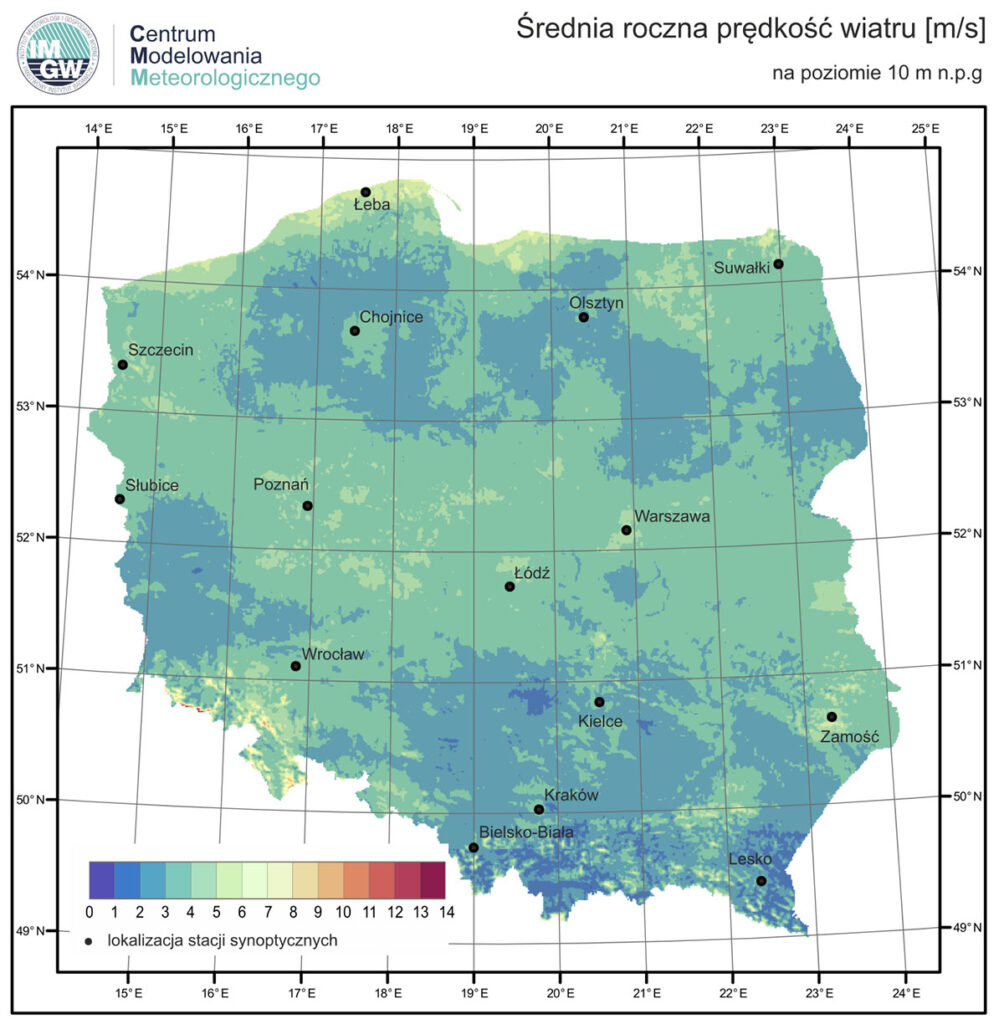 mapa średniej prędkości wiatru w Polsce
