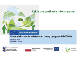 Plansza informacyjna dotycząca webinaru Moja Elektrownia Wiatrowa - nowy program NFOŚiGW informująca o wydarzeniu w dniu 15.05.2024 o godz. 10.oo