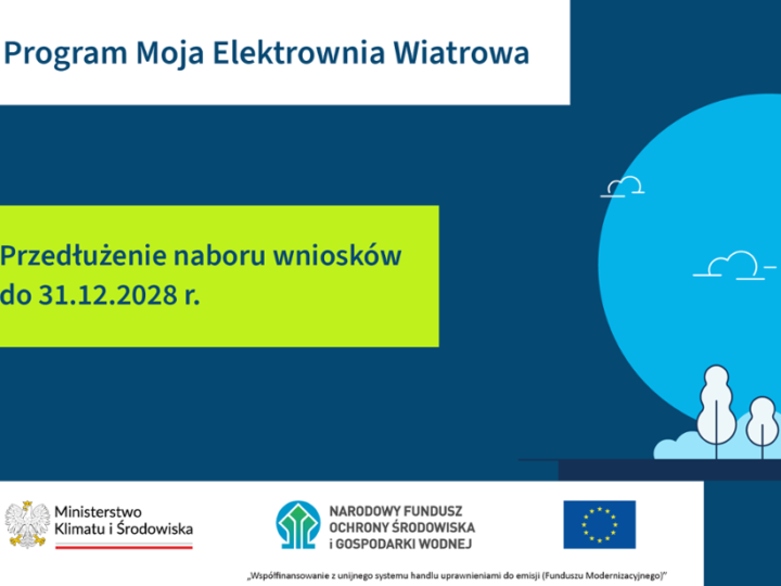 Grafika ilustracyjna a na niej tekst: Program Moja Elektrownia Wiatrowa. Przedłużenie naboru wniosków do 31.12.2028 r. W lewym dolnym rogu trzy logotypy: Ministerstwa Klimatu i Środowiska, NFOŚiGW, UE i tekst (Współfinansowanie z unijnego systemu handlu uprawnieniami do emisji - Funduszu Modernizacyjnego). W prawym górnym rogu logotyp programu Moja Elektrownia Wiatrowa